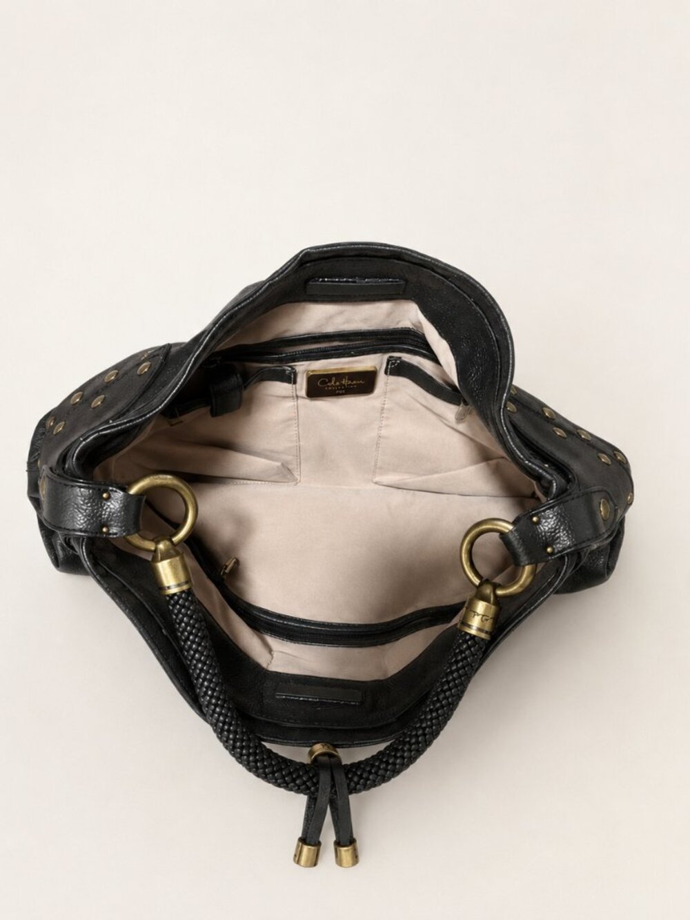 Vintage Cole Haan Black Leather Studded Hobo Bag Y2K Brass Hardware - Picture 2 of 4